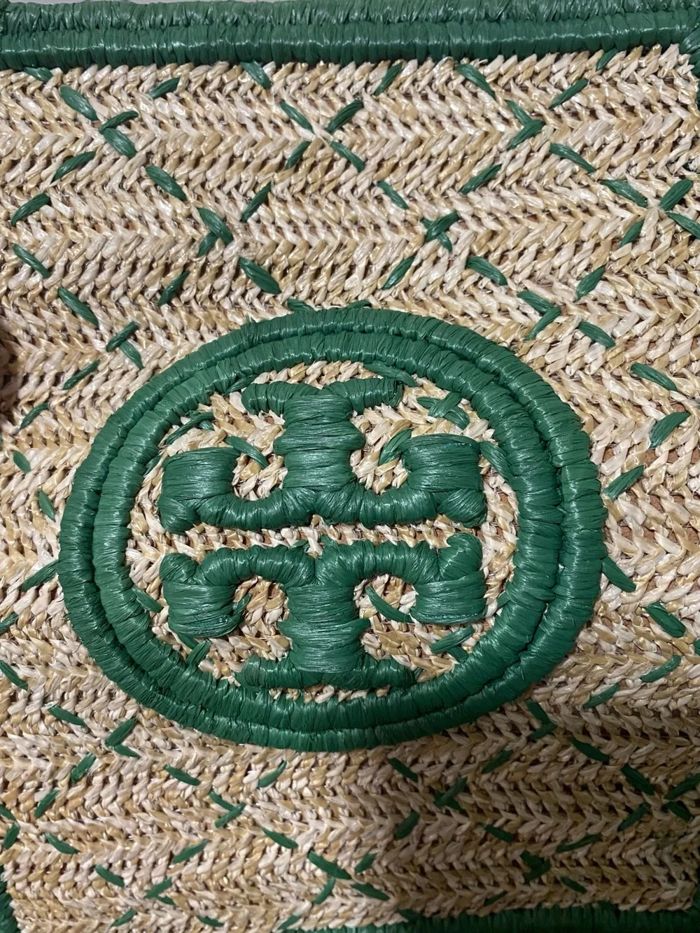 Tory Burch Straw Crossbody Bag with Green Trim and Gold Chain